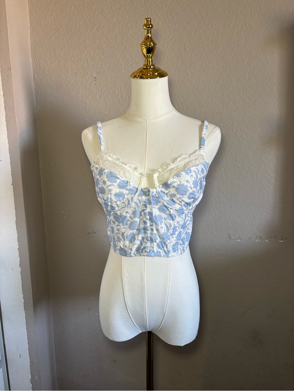 Blue Floral Lace Trim Bustier Crop Top